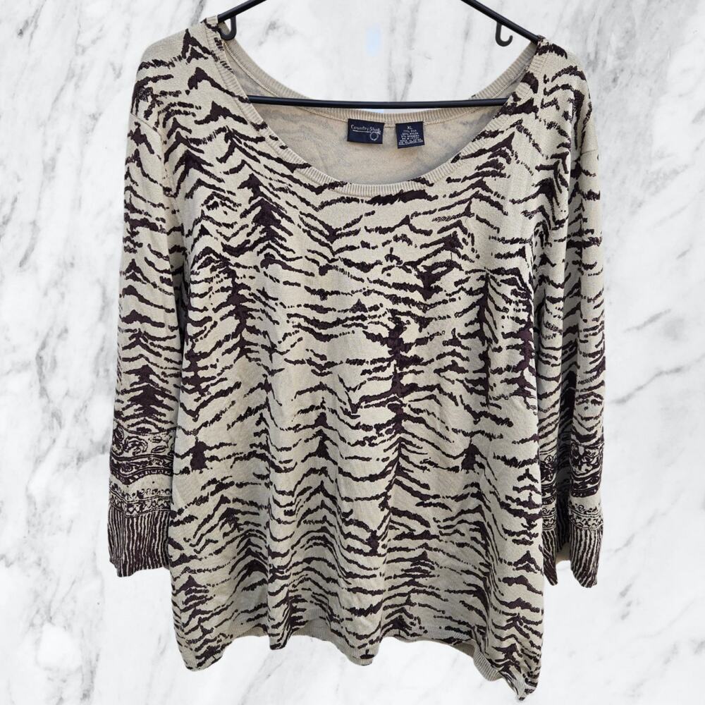 Vintage Country Shop Women's Silk Blend Animal Print Long Sleeve Knit Top sz XL